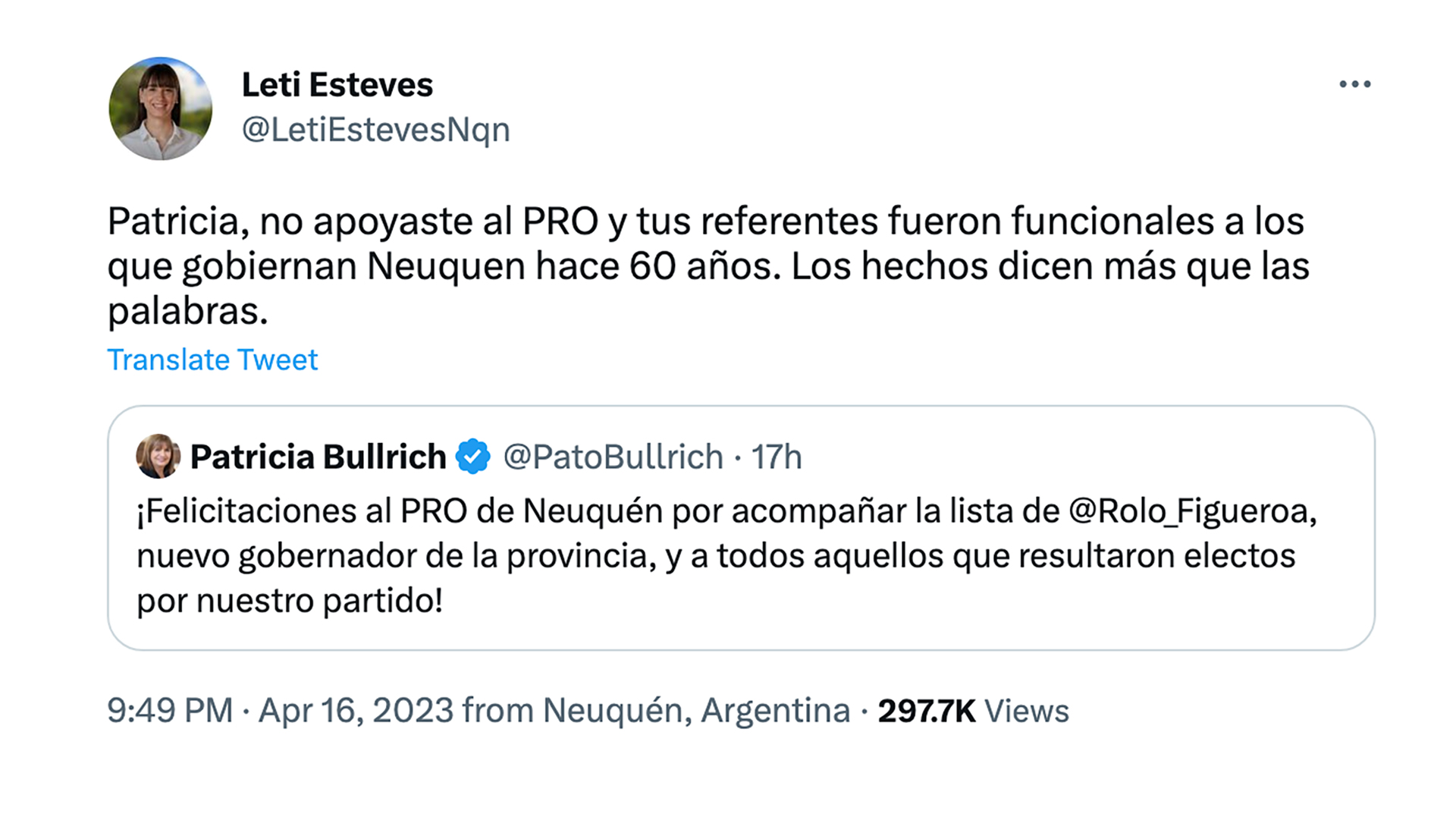 Tuit de la diputada provincial Leticia Esteves contra Patricia Bullrich