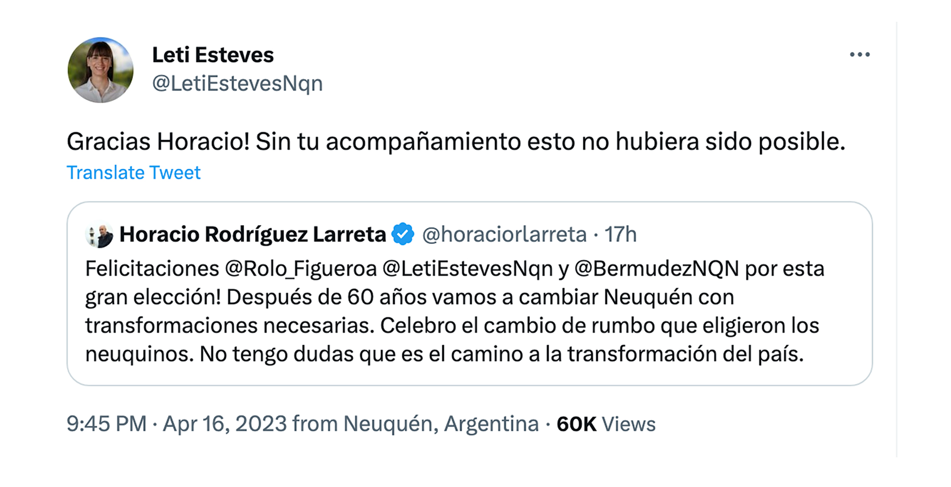 Tuit de la diputada provincial Leticia Esteves en agradecimiento a Horacio Rodríguez Larreta