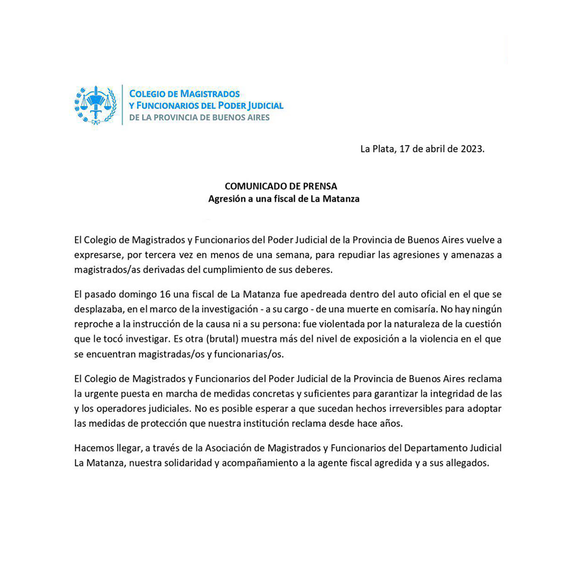 El comunicado del Colegio de Magistrados y Funcionarios del Poder Judicial de la Provincia de Buenos Aires