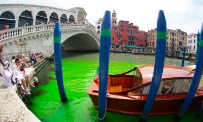 misterio en italia el agua del gran canal de venecia aparecio tenida de verde fluorescente